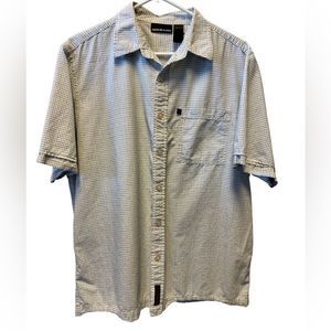 DKNY, short sleeve shirt, white , green blue stripes , size large